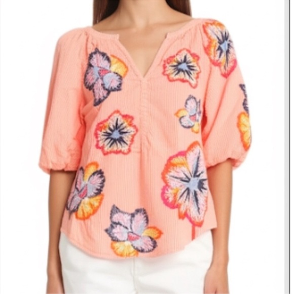 Anthropologie Tops - Maeve Anthropologie Peach Floral Embroidered Puff Sleeve Top Size XS